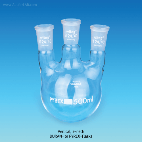SciLab® Premium 3×Joint Neck Round Bottom Flask, DURAN-glass,100~5,000㎖<br>With ASTM & DIN Joint, 20° Angle or Vertical Side Necks, Boro-glass 3.3, 3구 플라스크