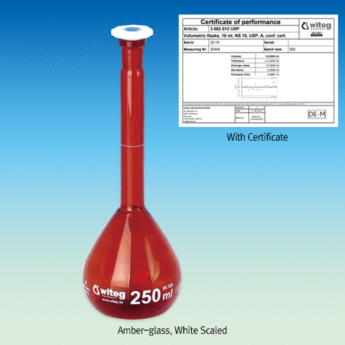 “witeg” Premium USP/ASTM Standard A-Class Volumetric Flask, with PE Stopper, Clear & Amber-glass, 10~1,000㎖<br>With Batch Certificate, Amber & White Graduation, DIN/ISO, DE-M, <Germany-Made> USP 표준 A급 보증서부 용량 플라스크