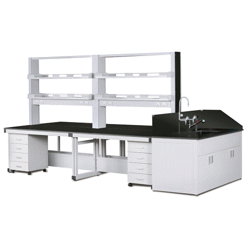 DAIHAN® Laboratory Assembly Center Table, High Quality Steel-Frame & -Side Panel·Phenol Work Top·Stainless-steel Bolted Joint<br>With Transfer Cabinet, Utility Box, 실험실용 조립식 중앙 실험대, 고품질 스틸 프레임, 내열성/내충격성/내화학성 페놀 상판, 볼트식 결합