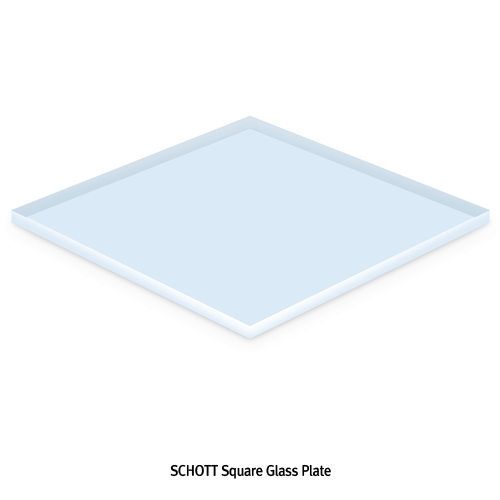 SCHOTT® Square Glass Plate, Boro-α3.3, 50×50~300×300mm, Thick-3.3 & 5.0mm<br>For Manipulating & Laboratory, with Flat(Arrissed) Edges, Polished, <Germany-Made> 특급내열 사각형 판유리, Same as Pyrex®