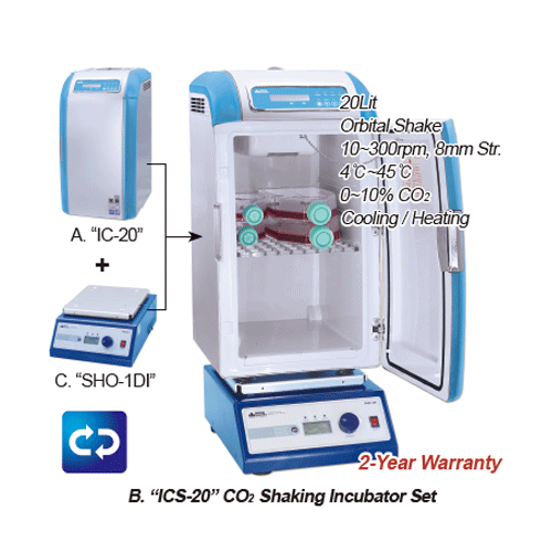 DAIHAN® 20Lit Mini CO2 Incubator & CO2 Shaking Incubator “IC-20 & ICS-20”, 4℃~45℃ & 0~10% CO2<br>Programmable PID Controlled 0.1℃ & 0.1%, Compact Design for Saving Space/Money, Ideal for Cell/Tissue Culture<br>With Cooling/Heating system of Peltier Elemen