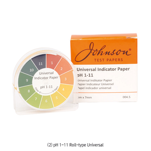 Johnson pH 1~11 Universal Test Paper, Book & Roll-type, with Standard Color-Chart<br>11-Step Color Reaction, <UK-Made> pH 1~11 만능시험지, 용액의 pH 를 11-Steps의 색상변화로 측정함