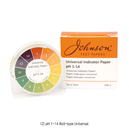 Johnson® pH 1~14 Full-Range Universal Test Paper, Book & Roll-type, with Standard Color-Chart<br>14-Step Color Reaction, <UK-Made> pH 1~14 만능시험지, 용액의 pH 를 14-Steps의 색상변화로 측정함