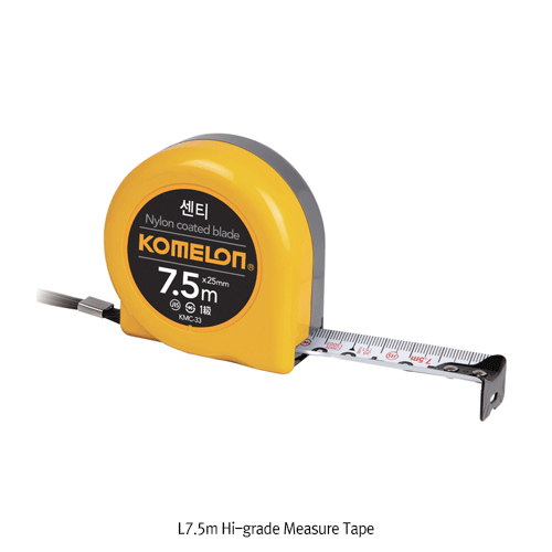 Komelon® Premium L7.5m Measure Tape, Nylon Coated Steel Blade<br>With Metal Belt Clip & Wrist Strap, Certified KS·JIS·CE, 전문가용 수동줄자