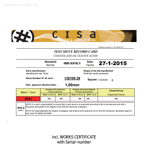 CISA® Φ203×h50mm Premium Certified All Stainless-steel Test Sieve, with WORKS CERTIFICATE & Φ 0.5~10mm(●) Round-holes<br>With Serial-number, Multi-Use/-Function, 정밀 표준망체, 개별“ 보증서” 포함