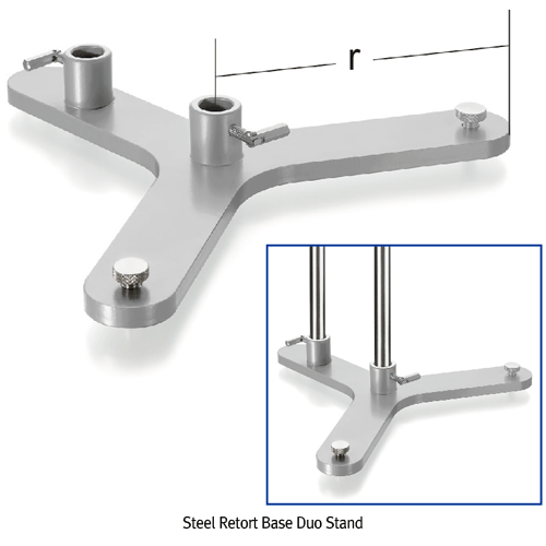 Steel Retort Base Duo Stand, for 2×Plain Rods of up to Φ16mm, without Rods<br>With Nonskid Feet equipped, 2×Level Screw Nut, and Base Thick-8mm, <Germany-Made>