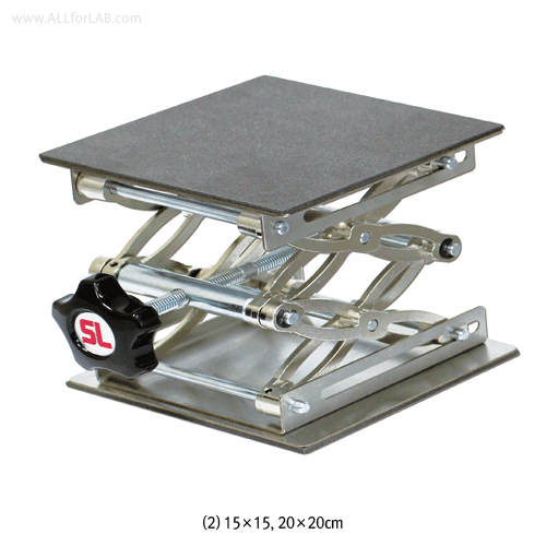 SciLab® Stainless-steel Lab·Lift·Support-Jack, Adjustable Height, up to 15 & 27cm<br>With Square Stainless-steel Plate, Mini-·Standard-·Heavy duty-type, 스테인레스 써포트 잭·랩-잭·리프트 잭, 높이조절식