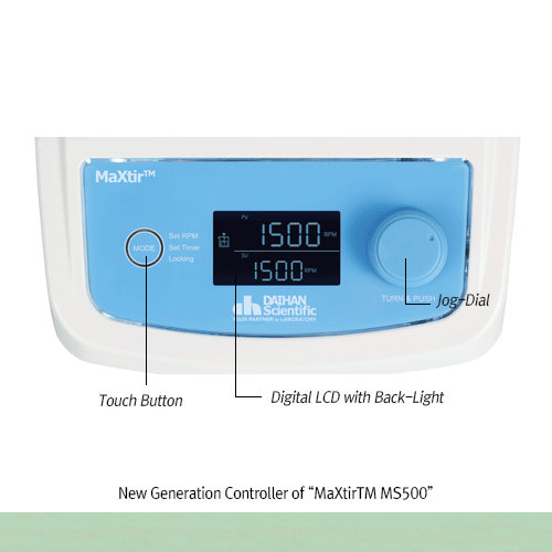 DAIHAN® Premium Magnetic Stirrer “MS500”, Shade Motor, Max. 80~1,500 rpm, Max. 20Lit, Solid Ceramic Glass Plate, 200×200mm<br>With Large LCD, Permanently Brushless Shade Motor(BLAC), Touch-button Controller, Digital Feedback Control, Precise Speed Control