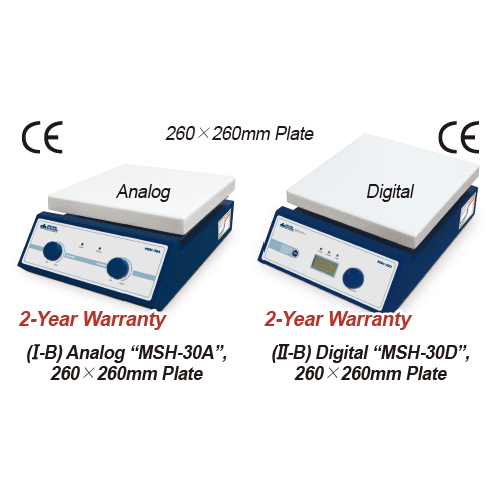 DAIHAN® 380℃ Standard Analog & Digital Hotplate Stirrer “MSH-A” & “MSH-D”, Ceramic-coated Plate, 80~1,500 rpm<br>180×180mm or 260×260mm Plate, with Accurate Temp. Control, Superior Temp Uniformity, with Certi. & Traceability<br>Permanently Brushless Motor