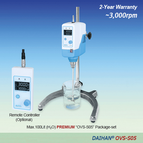 DAIHAN® Premium Hi-Speed Overhead Stirrer “OVS-S05”, with Permanently Brushless Motor(BLDC), 2:1, Max. 3,000rpm<br>With Torque(Ncm)·Viscosity(mPas)·Temperature(℃)·Real Time Display, Optional Remote Control, 50,000mPas, Max. 100Lit<br>“Push-Through” Shaft(