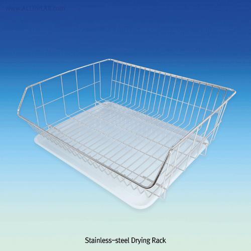 Drying Basket Tray of Stainless-steel Wire, with PP Movable Drainspout Bottom Tray<br>Good for Lab- & Kitchen-Ware, 43×36×h18cm, <Korea-Made> 스텐건조 트레이, PP 물받이 트레이 포함