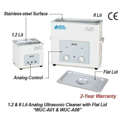 DAIHAN® Analog Ultrasonic Cleaner “WUC-A”, Timer/Temp Output Controller, with Certi. & Traceability, 1.2~22 Lit<br>With Stainless-steel Flat Lid, Highly Effective Cleaning, up to 85℃, 0~30min, 40kHz Frequency, without Basket<br>초음파 세척기, 온도 및 시간 설정, 고효율, 다