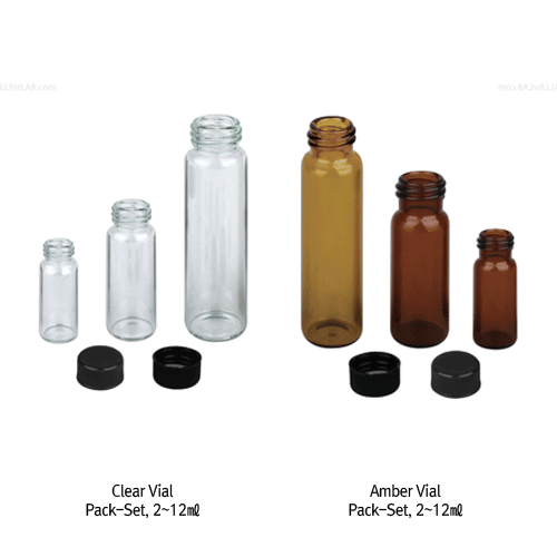 SciLab® 2~12㎖ Sample Vials, with Black PP Screwcap & Septa “Pack-Set”<br>With “USP-I” Boro 5.0 Glass, Clear & Amber, 2~12㎖ 샘플 바이알 Pack-Set