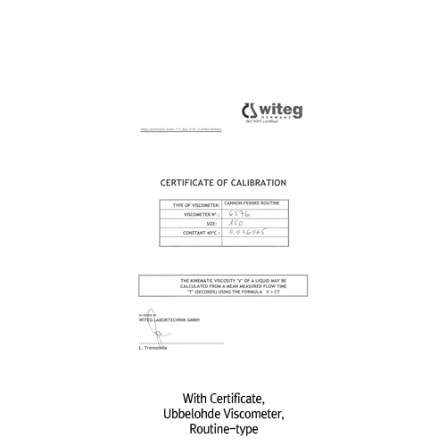 “witeg” Cannon-Fenske Routine Flow Capillary Viscometer, for Transparent, Forming & Liquids Mixture, ASTM/ISO<br>With Individual Certificate of Calibration, Constant K-value, with Ring Mark, Constant, 기본형 캐논-펜스케 점도계, 투명 액상용