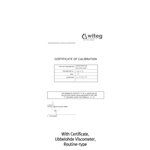 “witeg” Ubbelohde Capillary Viscometer, Routine-Type, for Transparent Liquids & High-Temp or Low-temp. Measurements<br>With Individual Certificate of Calibration, Constant K-value, ASTM/ISO, 우베로데 점도계, 투명 액상용에 적합