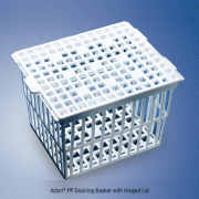 Azlon® Draining Basket with Hinged Lid, PP, Stackable<br>Ideal for Sterilizing Test Tubes, Autoclavable, -10℃+125/140℃ Stable, PP 바스켓, 커버 부착형