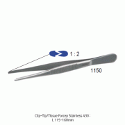 Tissue Forceps, with Clip Tip 1:2, L115~160mm<br>Stainless-steel #430, Finished Surface, 스텐티슈 포셉, 1:2 크립 팁