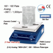 DAIHAN 380℃ Standard Analog & Digital Hotplate Stirrer “MSH-A” & “MSH-D”, Ceramic-coated Plate, 80~1,500 rpm<br>180×180mm or 260×260mm Plate, with Accurate Temp. Control, Superior Temp Uniformity, with Certi. & Traceability<br>Permanently Brushless Motor(
