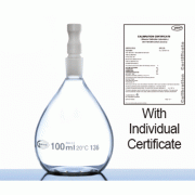Glassco® A-class Calibrated Specific Gravity Bottle/Pycnometer, with Individual Work Certificate, 10~100㎖<br>Gaylussae-type, Boro-glass 3.3, with 10/15 PTFE Vented Stopper, A급 보증서부 비중병/피크노메타